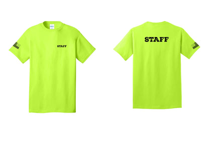 NYC Factory Staff T-Shirt, Rustic Lettering - Chest + Back + US Flag Sleeve - Safety Green