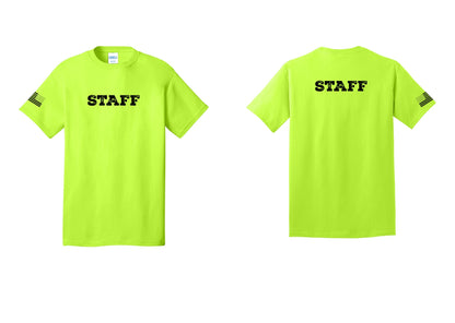 NYC Factory Staff T-Shirt, Rustic Lettering - Front + Back + US Flag Sleeve - Safety Green
