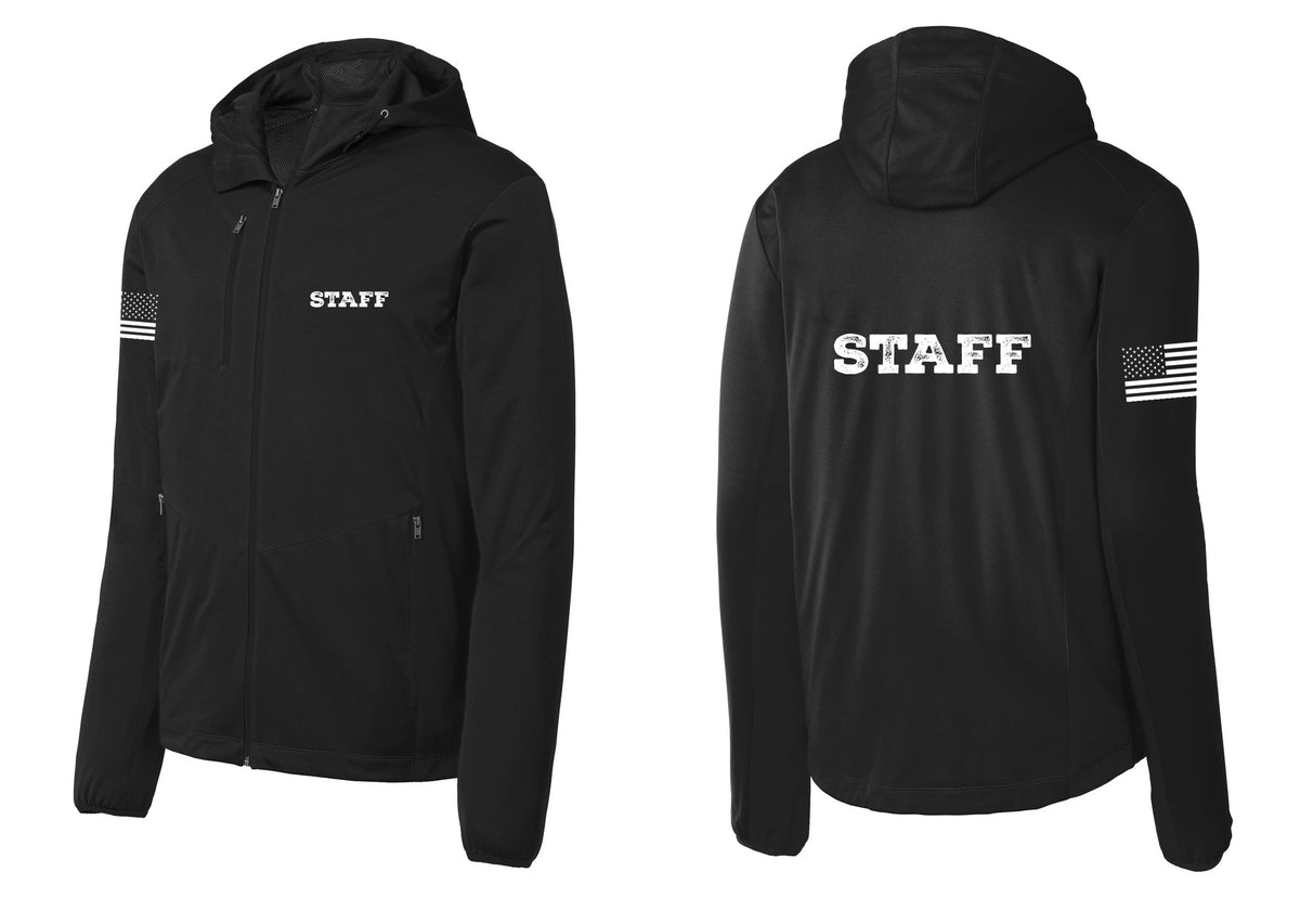 NYC Factory Staff Soft Shell Hooded Jacket (Rustic) - Chest + Back + US Flag Sleeve - Deep Black