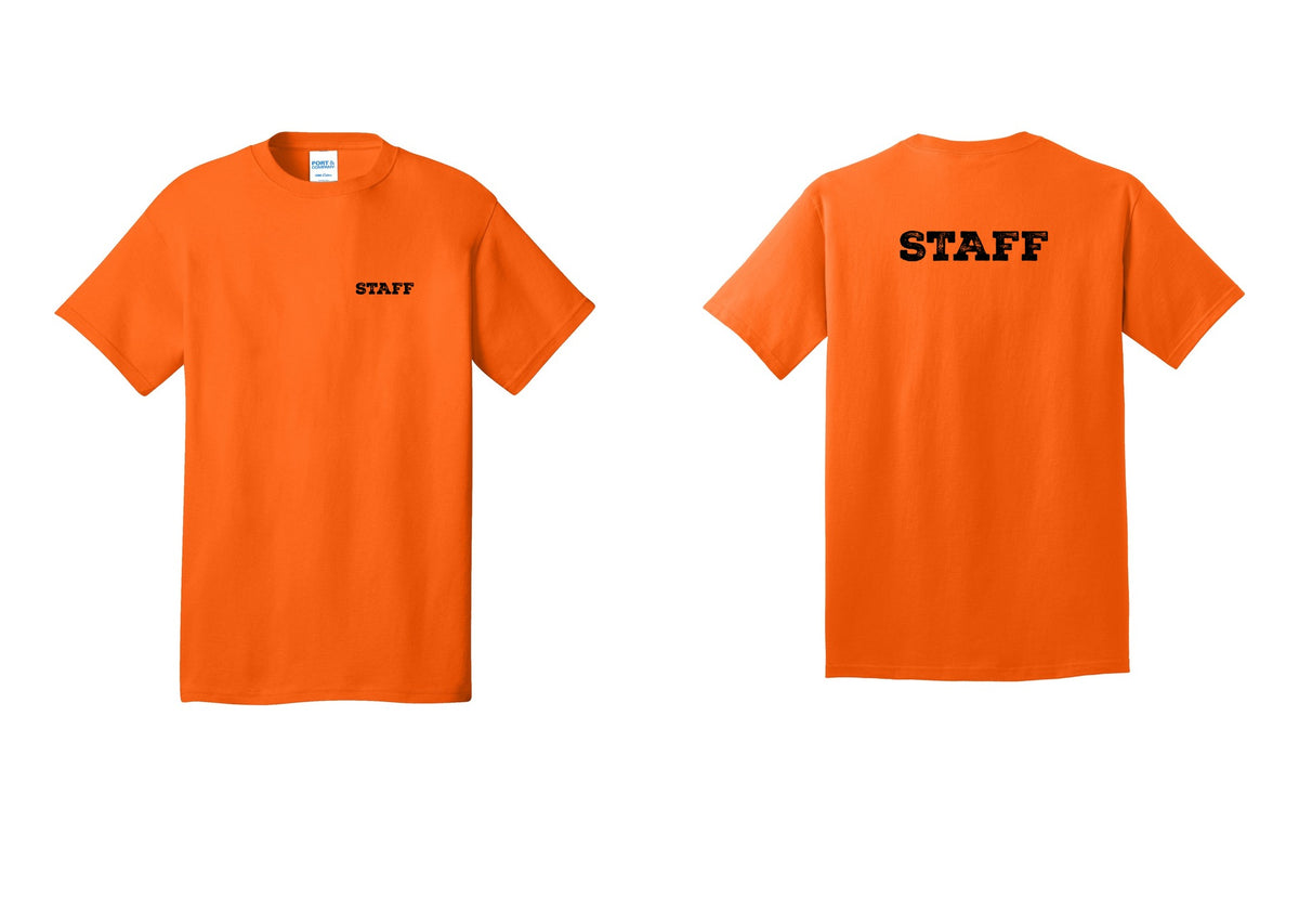 NYC Factory Staff T-Shirt, Rustic Lettering - Chest + Back - Safety Orange