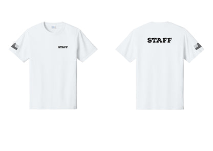 NYC Factory Staff T-Shirt, Rustic Lettering - Chest + Back + US Flag Sleeve - White