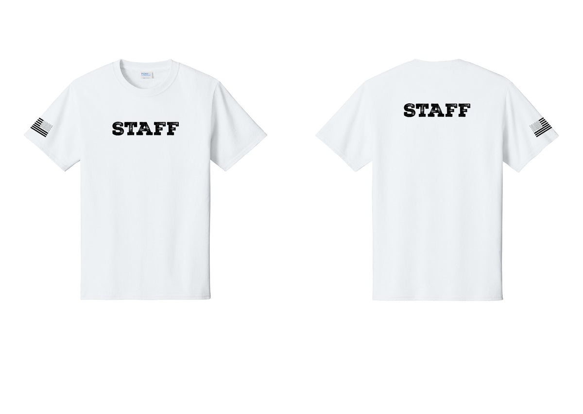 NYC Factory Staff T-Shirt, Rustic Lettering - Front + Back + US Flag Sleeve - White