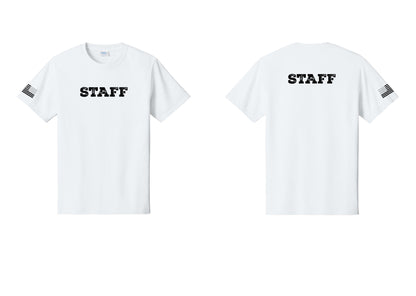 NYC Factory Staff T-Shirt, Rustic Lettering - Front + Back + US Flag Sleeve - White