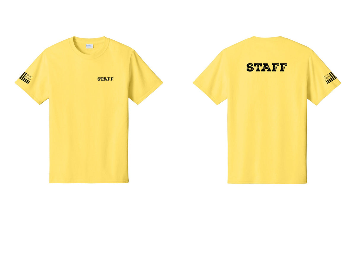 NYC Factory Staff T-Shirt, Rustic Lettering - Chest + Back + US Flag Sleeve - Yellow