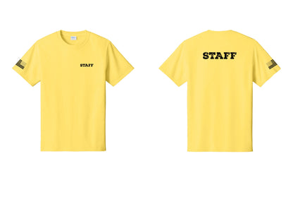 NYC Factory Staff T-Shirt, Rustic Lettering - Chest + Back + US Flag Sleeve - Yellow