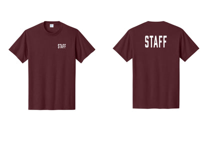 NYC Factory Staff T-Shirt, Condensed Lettering - Chest + Back - Athletic Maroon
