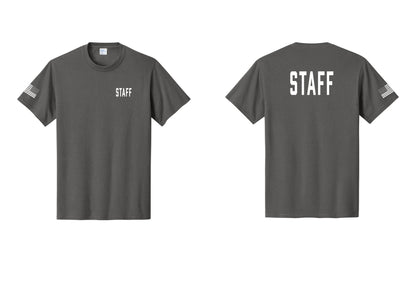 NYC Factory Staff T-Shirt, Condensed Lettering - Chest + Back + US Flag Sleeve - Charcoal