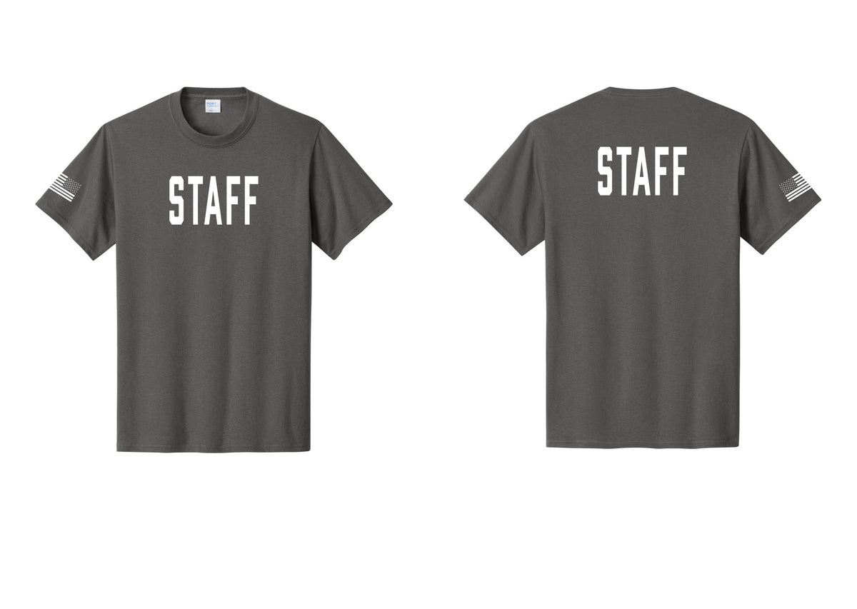 NYC Factory Staff T-Shirt, Condensed Lettering - Front + Back + US Flag Sleeve - Charcoal