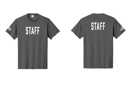 NYC Factory Staff T-Shirt, Condensed Lettering - Front + Back + US Flag Sleeve - Charcoal