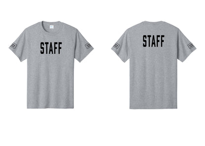 NYC Factory Custom Logo Staff T-Shirt, Condensed Lettering - Front + Back + Your Logo Sleeves - Athletic Heather
