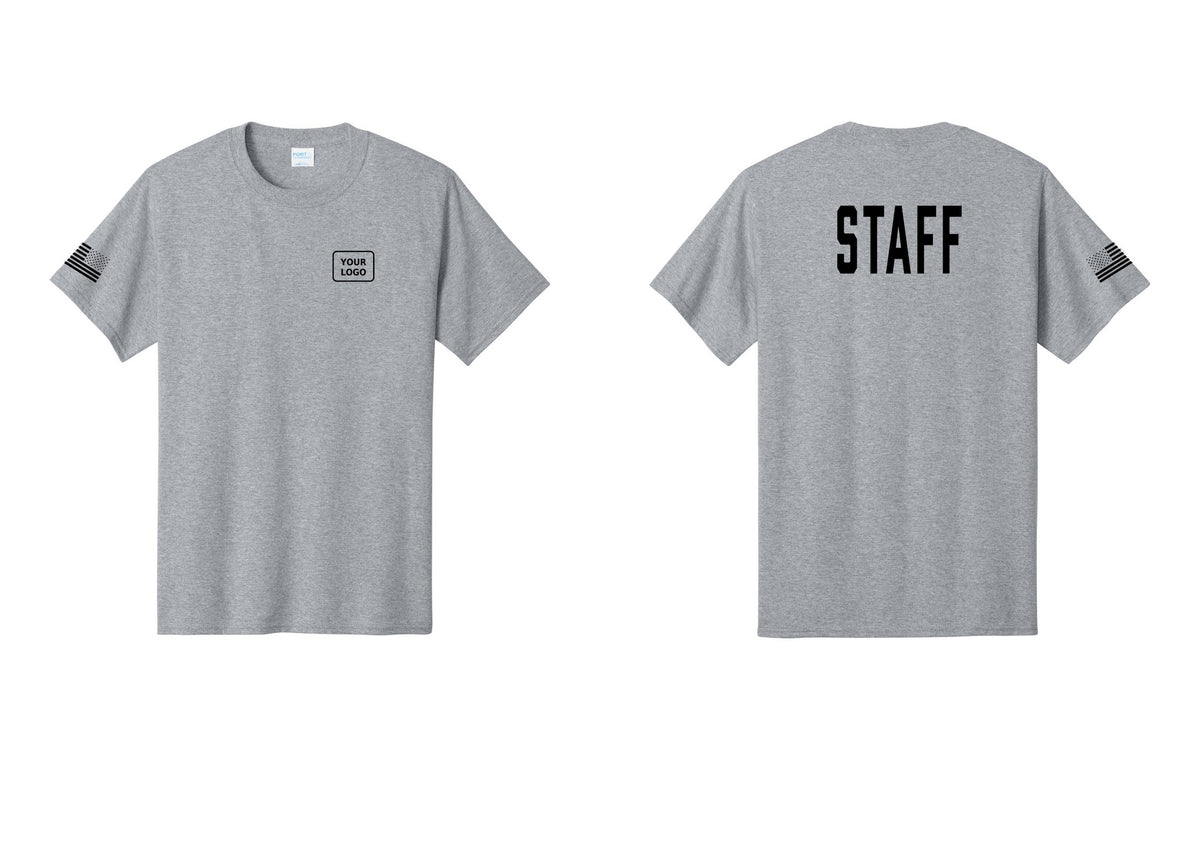 NYC Factory Custom Logo Staff T-Shirt, Condensed Lettering - Your Logo + Back + US Flag Sleeve - Athletic Heather