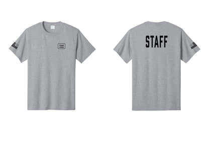 NYC Factory Custom Logo Staff T-Shirt, Condensed Lettering - Your Logo + Back + US Flag Sleeve - Athletic Heather