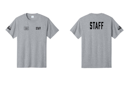 NYC Factory Custom Logo Staff T-Shirt, Condensed Lettering - STAFF + Your Logo + Back + US Flag Sleeve - Athletic Heather