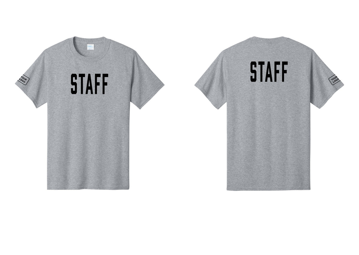 NYC Factory Custom Logo Staff T-Shirt, Condensed Lettering - Front + Back + Your Logo Sleeve - Athletic Heather