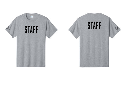 NYC Factory Custom Logo Staff T-Shirt, Condensed Lettering - Front + Back + Your Logo Sleeve - Athletic Heather