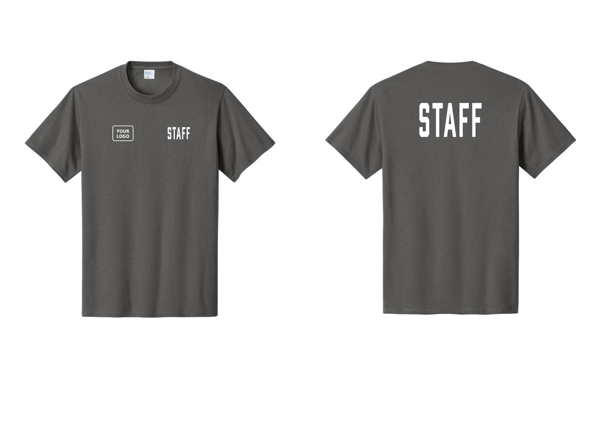 NYC Factory Custom Logo Staff T-Shirt, Condensed Lettering - STAFF + Your Logo + Back - Charcoal