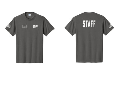NYC Factory Custom Logo Staff T-Shirt, Condensed Lettering - STAFF + Your Logo + Back + US Flag Sleeve - Charcoal