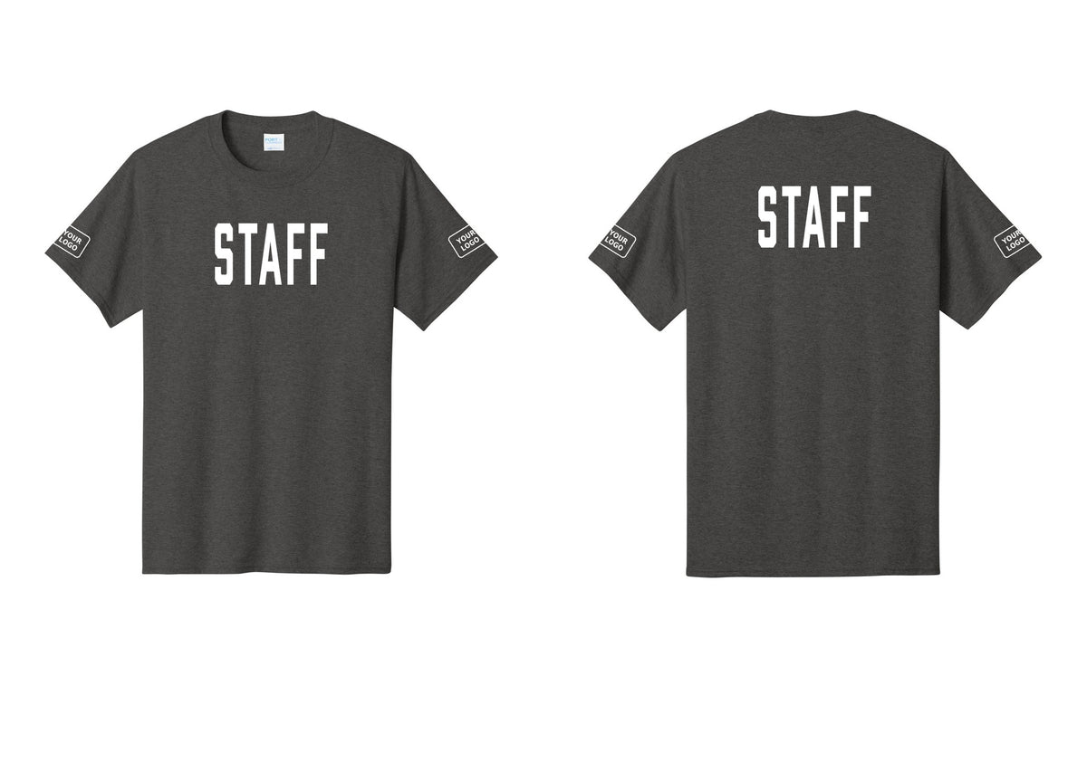 NYC Factory Custom Logo Staff T-Shirt, Condensed Lettering - Front + Back + Your Logo Sleeves - Dark Heather Grey