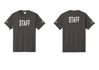 NYC Factory Custom Logo Staff T-Shirt, Condensed Lettering - Front + Back + Your Logo Sleeves - Dark Heather Grey