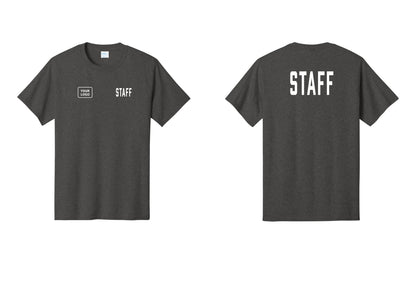 NYC Factory Custom Logo Staff T-Shirt, Condensed Lettering - STAFF + Your Logo + Back - Dark Heather Grey