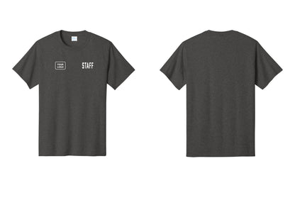 NYC Factory Custom Logo Staff T-Shirt, Condensed Lettering - STAFF + Your Logo - Dark Heather Grey