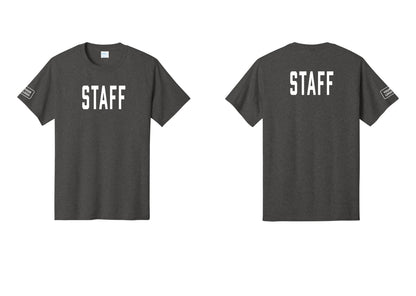 NYC Factory Custom Logo Staff T-Shirt, Condensed Lettering - Front + Back + Your Logo Sleeve - Dark Heather Grey
