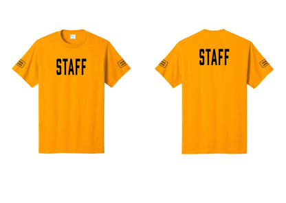 NYC Factory Custom Logo Staff T-Shirt, Condensed Lettering - Front + Back + Your Logo Sleeves - Gold