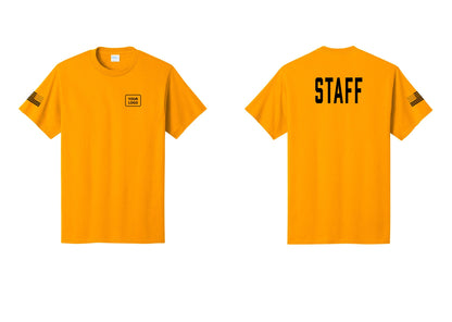 NYC Factory Custom Logo Staff T-Shirt, Condensed Lettering - Your Logo + Back + US Flag Sleeve - Gold