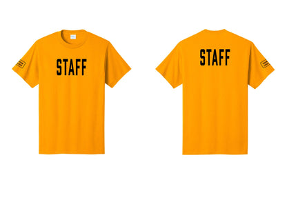 NYC Factory Custom Logo Staff T-Shirt, Condensed Lettering - Front + Back + Your Logo Sleeve - Gold