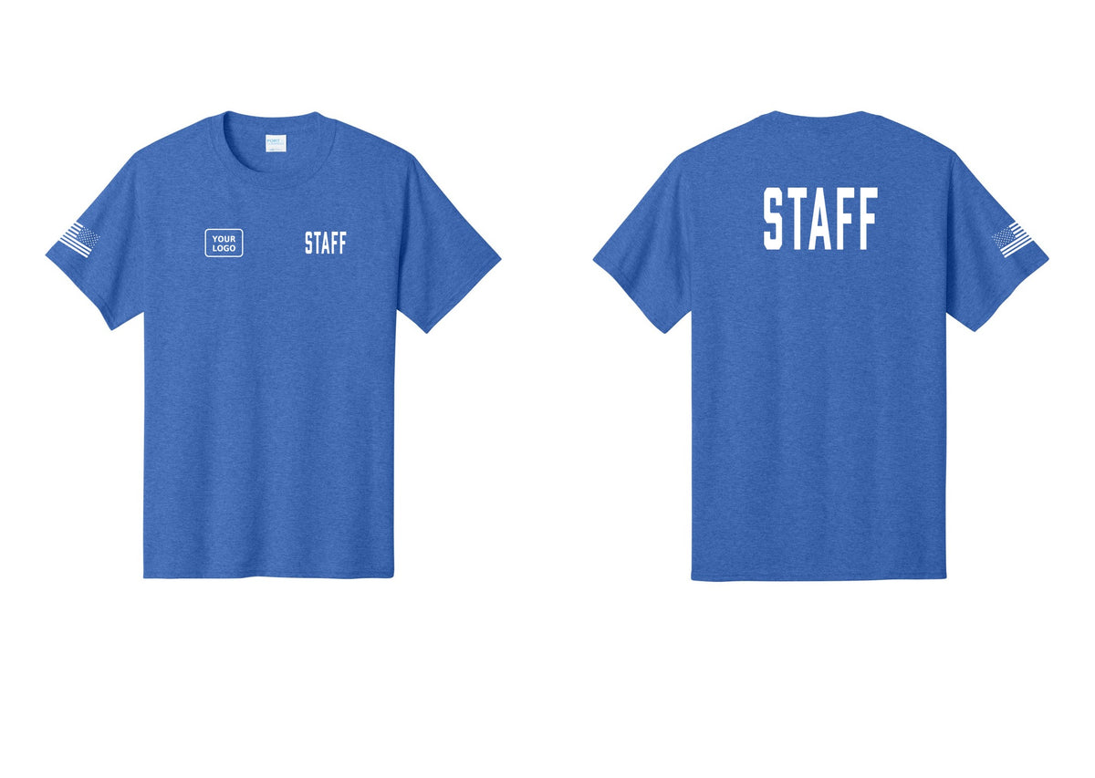 NYC Factory Custom Logo Staff T-Shirt, Condensed Lettering - STAFF + Your Logo + Back + US Flag Sleeve - Heather Royal