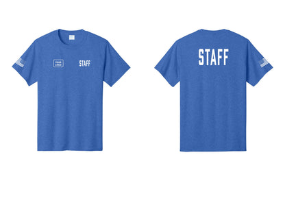 NYC Factory Custom Logo Staff T-Shirt, Condensed Lettering - STAFF + Your Logo + Back + US Flag Sleeve - Heather Royal