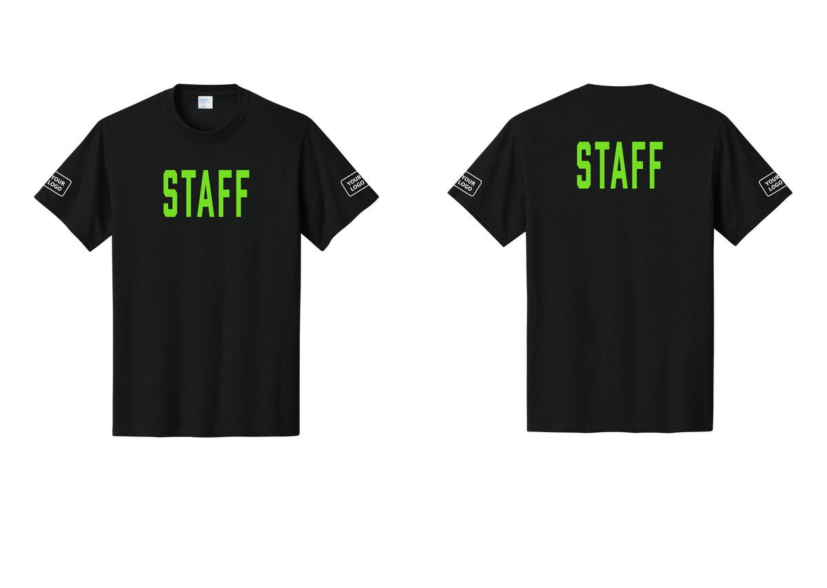 NYC Factory Custom Logo Staff T-Shirt, Condensed Lettering - Front + Back + Your Logo Sleeves - Black / Neon