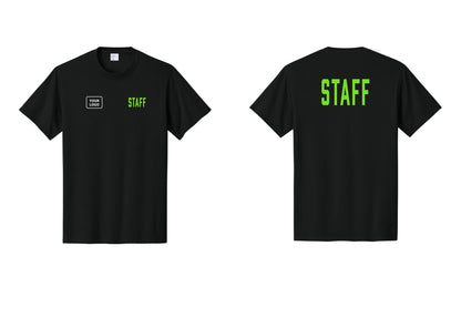 NYC Factory Custom Logo Staff T-Shirt, Condensed Lettering - STAFF + Your Logo + Back - Black / Neon