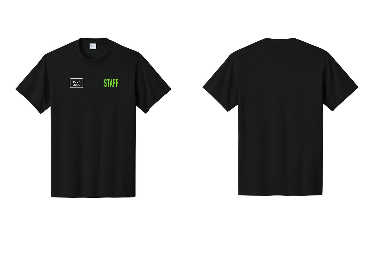 NYC Factory Custom Logo Staff T-Shirt, Condensed Lettering - STAFF + Your Logo - Black / Neon