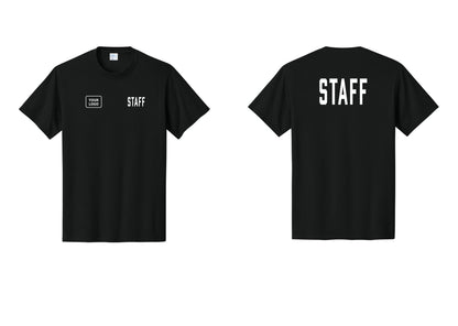 NYC Factory Custom Logo Staff T-Shirt, Condensed Lettering - STAFF + Your Logo + Back - Black
