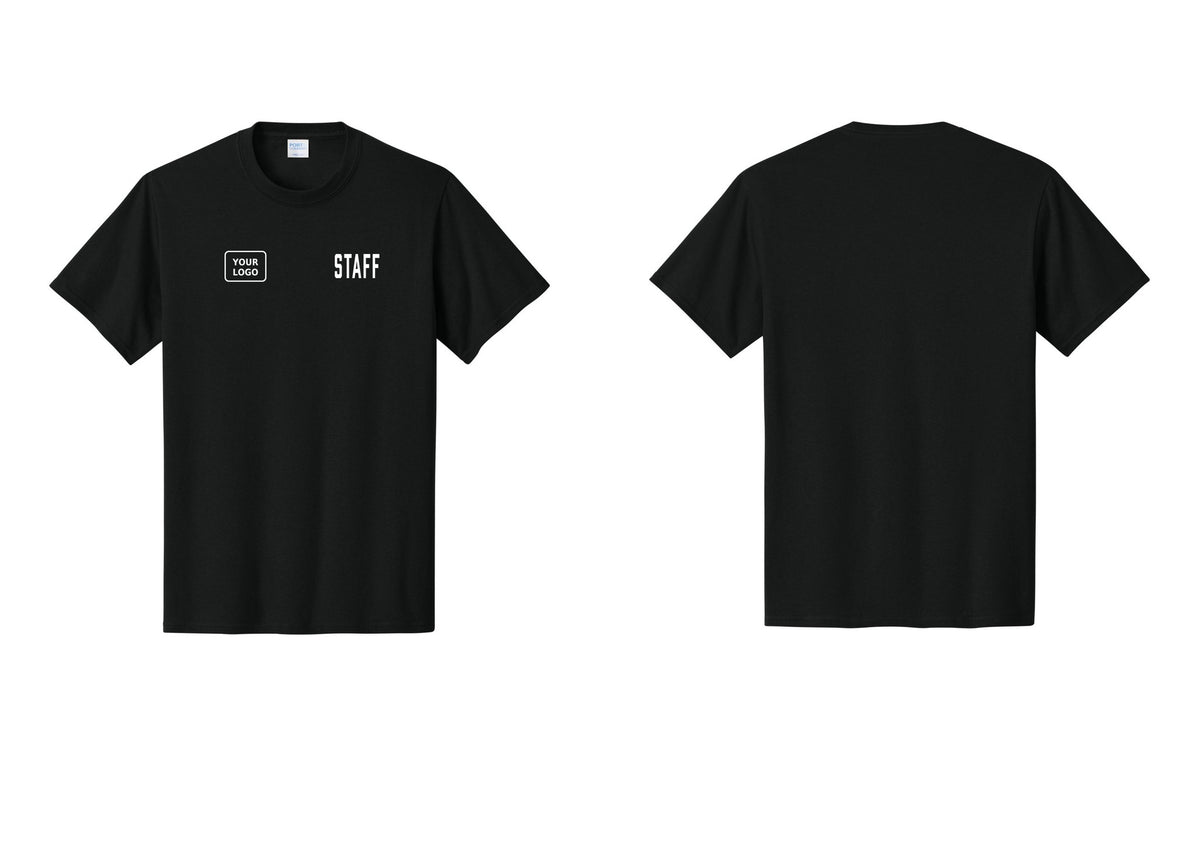 NYC Factory Custom Logo Staff T-Shirt, Condensed Lettering - STAFF + Your Logo - Black