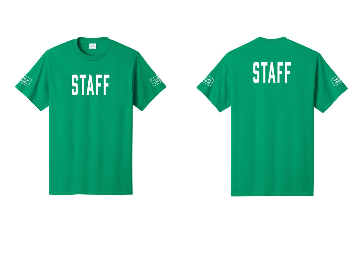 NYC Factory Custom Logo Staff T-Shirt, Condensed Lettering - Front + Back + Your Logo Sleeves - Kelly