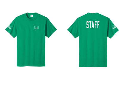 NYC Factory Custom Logo Staff T-Shirt, Condensed Lettering - Your Logo + Back + US Flag Sleeve - Kelly