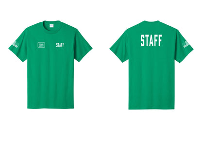 NYC Factory Custom Logo Staff T-Shirt, Condensed Lettering - STAFF + Your Logo + Back + US Flag Sleeve - Kelly