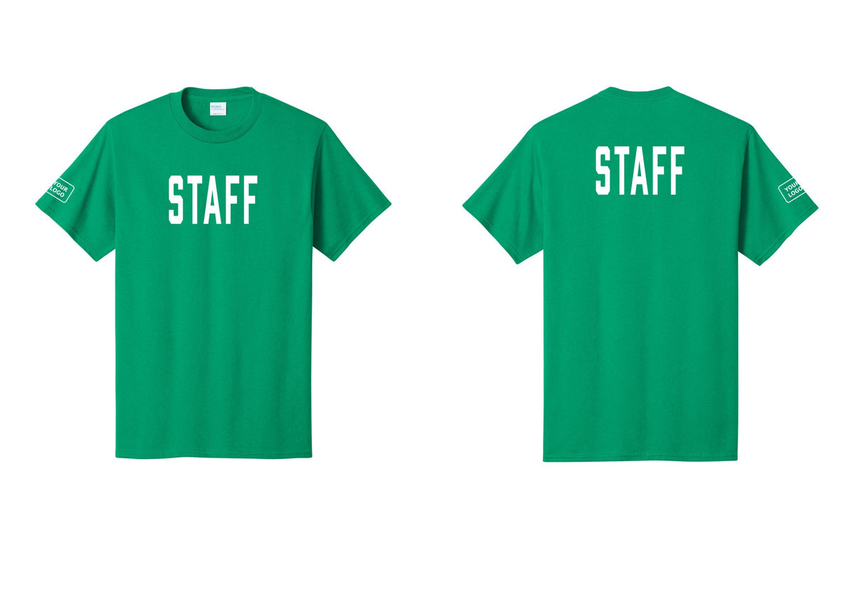 NYC Factory Custom Logo Staff T-Shirt, Condensed Lettering - Front + Back + Your Logo Sleeve - Kelly