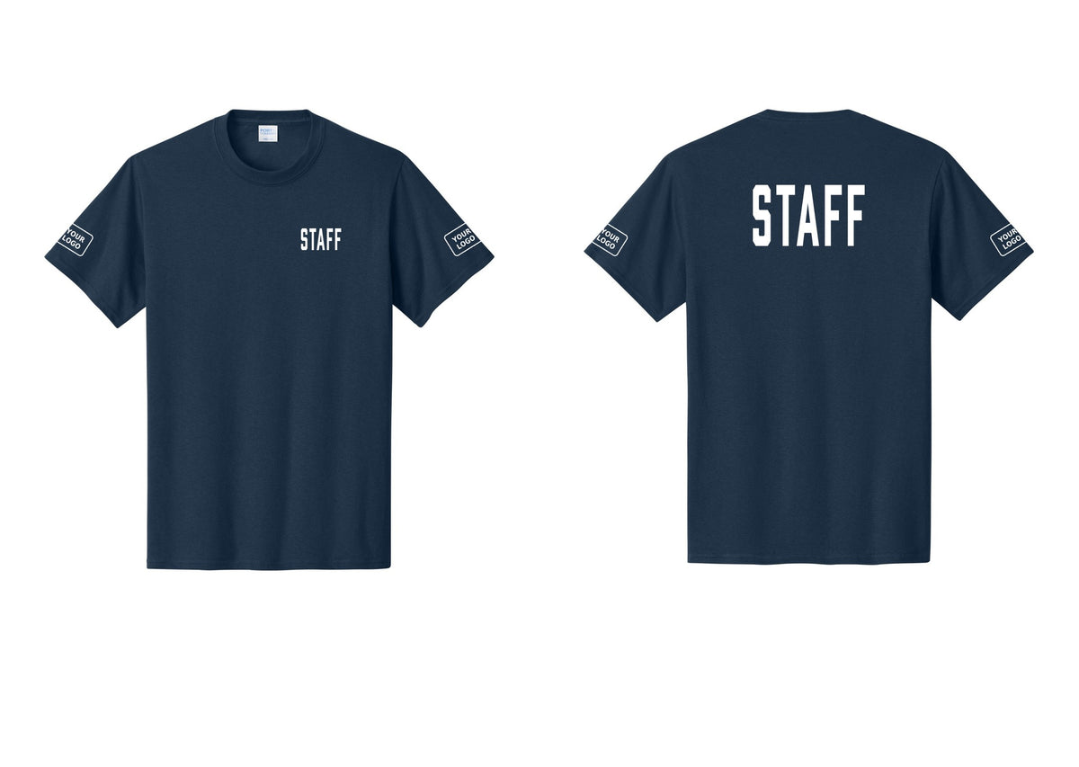 NYC Factory Custom Logo Staff T-Shirt, Condensed Lettering - Chest + Back + Your Logo Sleeves - Navy