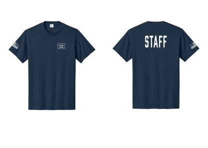 NYC Factory Custom Logo Staff T-Shirt, Condensed Lettering - Your Logo + Back + US Flag Sleeve - Navy