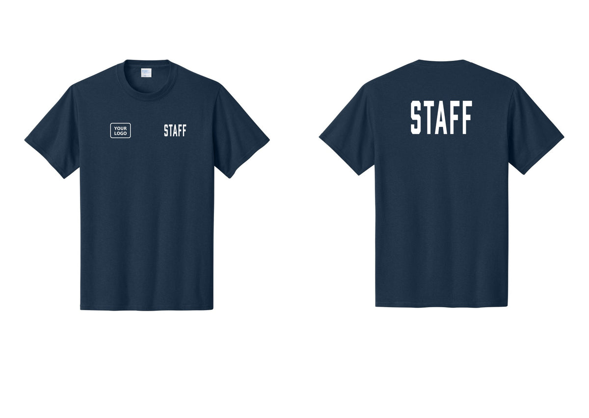 NYC Factory Custom Logo Staff T-Shirt, Condensed Lettering - STAFF + Your Logo + Back - Navy