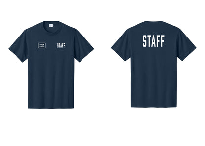 NYC Factory Custom Logo Staff T-Shirt, Condensed Lettering - STAFF + Your Logo + Back - Navy