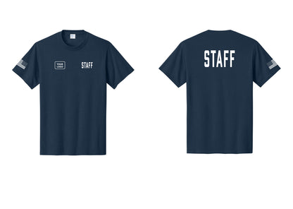 NYC Factory Custom Logo Staff T-Shirt, Condensed Lettering - STAFF + Your Logo + Back + US Flag Sleeve - Navy