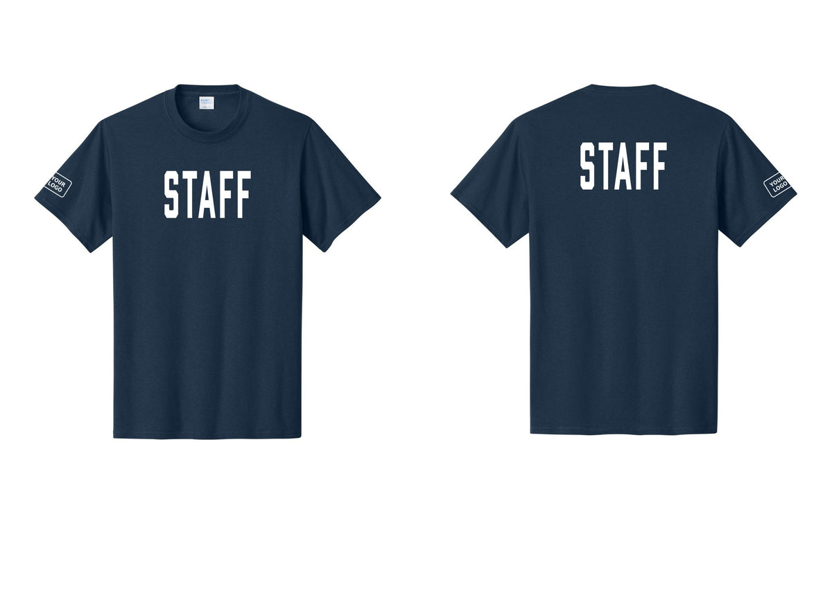 NYC Factory Custom Logo Staff T-Shirt, Condensed Lettering - Front + Back + Your Logo Sleeve - Navy