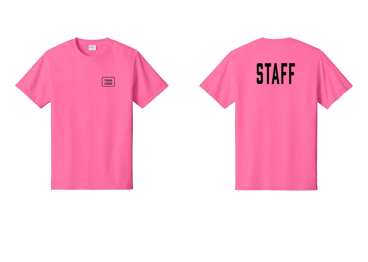 NYC Factory Custom Logo Staff T-Shirt, Condensed Lettering - Your Logo + Back - Neon Pink