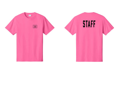 NYC Factory Custom Logo Staff T-Shirt, Condensed Lettering - Your Logo + Back - Neon Pink