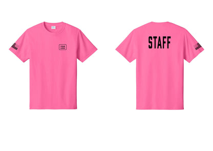NYC Factory Custom Logo Staff T-Shirt, Condensed Lettering - Your Logo + Back + US Flag Sleeve - Neon Pink