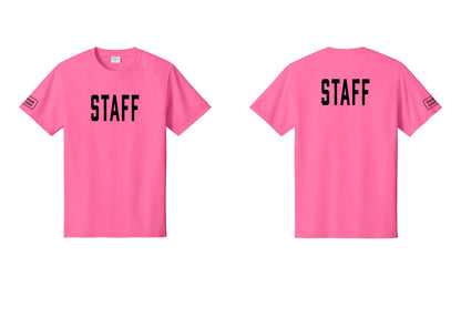 NYC Factory Custom Logo Staff T-Shirt, Condensed Lettering - Front + Back + Your Logo Sleeve - Neon Pink
